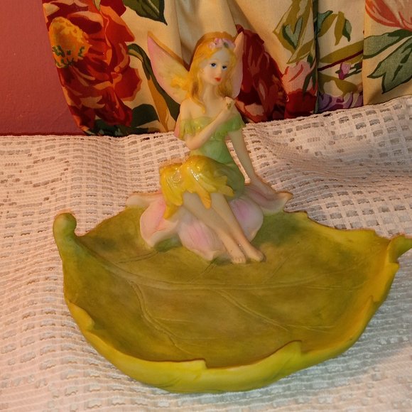 GREEN COLORFUL FAIRY LEAF DISH JERELRY TRINKET 6" HOLDER - Picture 8 of 8